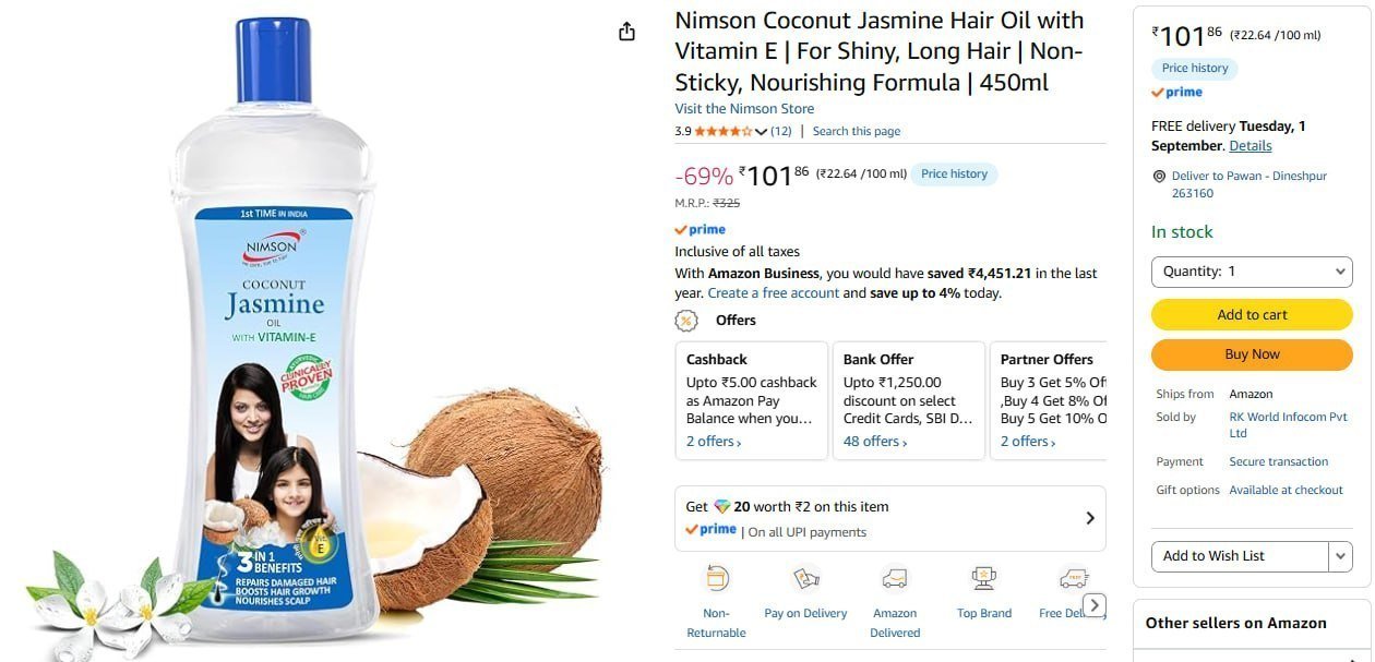 Nimson Coconut Jasmine Hair Oil 400ml 101