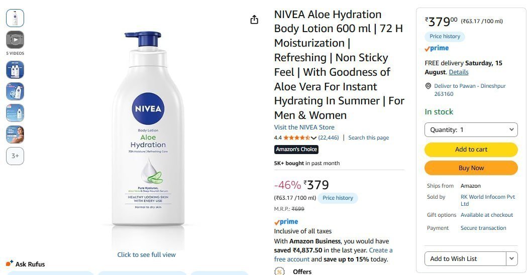 Nivea Aloe Hydration Body Lotion 600 Ml 379 More