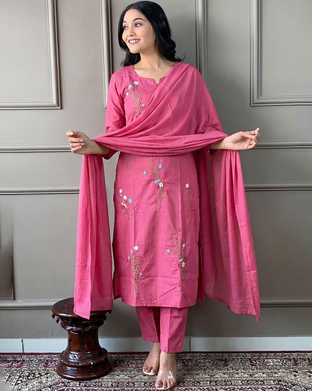 Nyrika Women Embroidered Straight Kurta With Pants Dupatta 539
