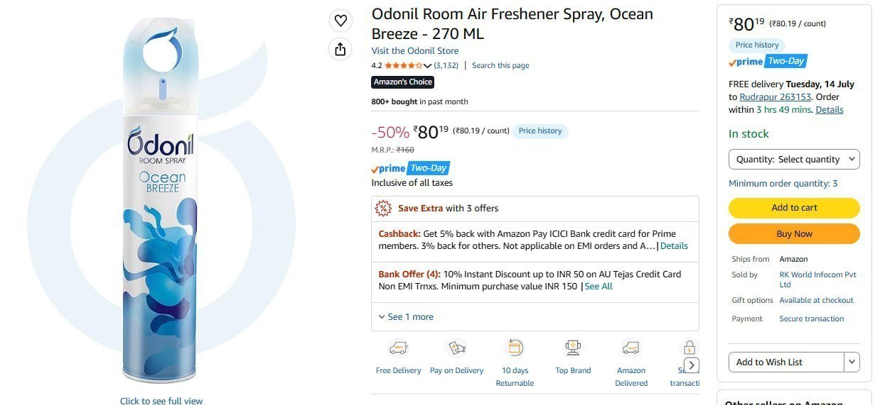 Odonil Room Air Freshener Spray 270 Ml 80min 