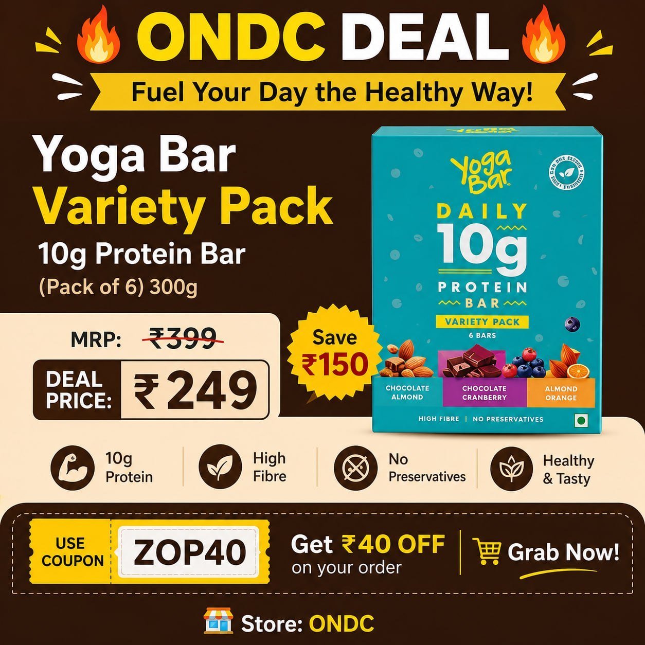 Ondc Yoga Bar Variety Pack 10g Protein Bar Pack Of