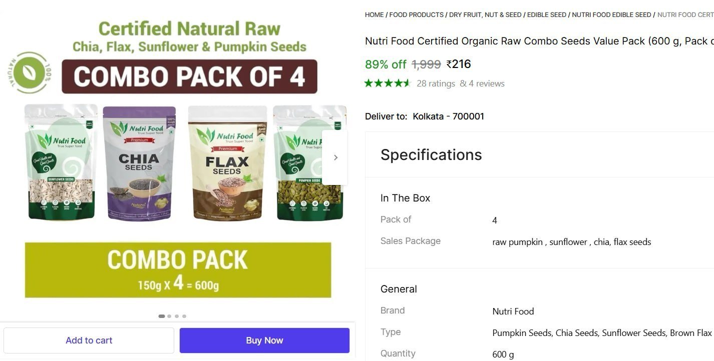 Organic Raw Combo Seeds Value Pack (600 G Pac