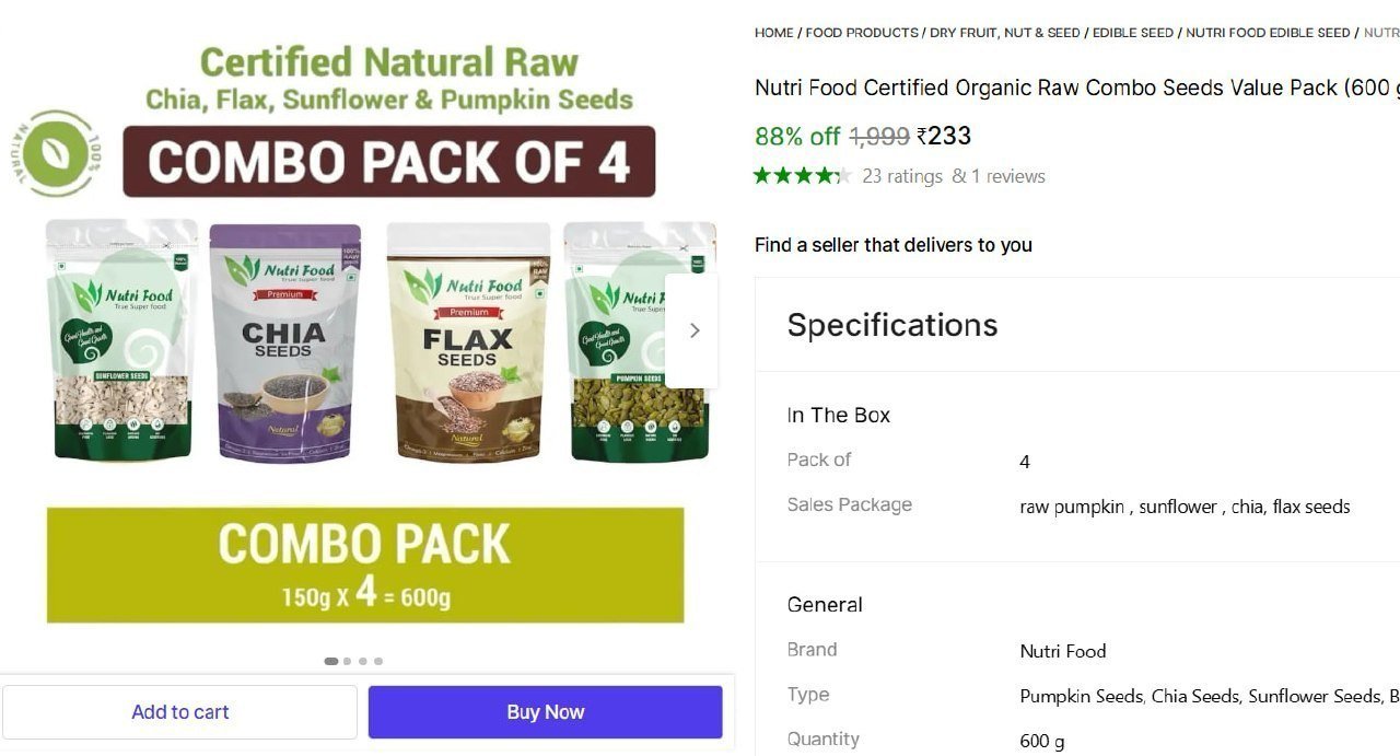 Organic Raw Combo Seeds Value Pack (600 G Pac