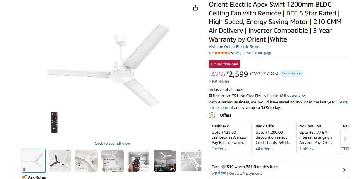 Orient Electric 1200mm Bldc Ceiling Fan With 