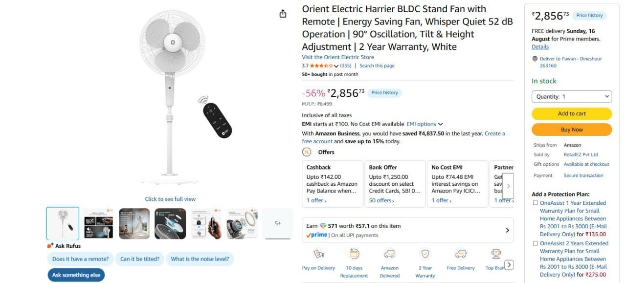Orient Electric Bldc Stand Fan 2856