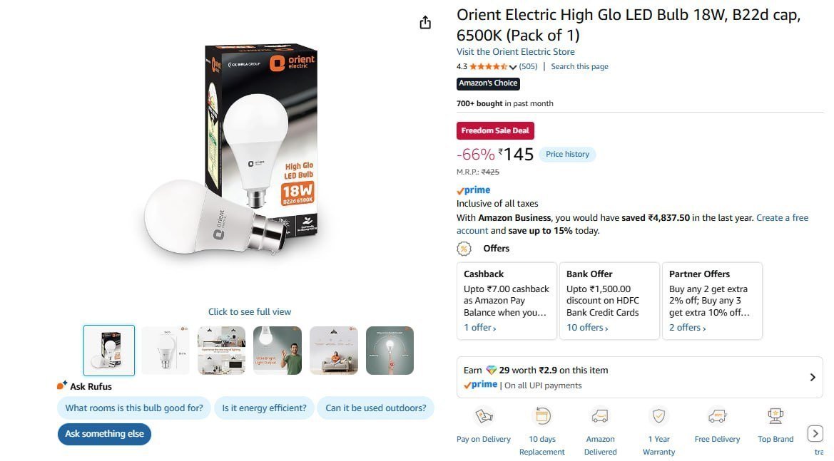 Orient Electric Led Bulb 145 (18w) 179 (23w) 249 (