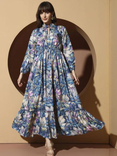 Otabu Floral Print Applique A-line Maxi Dress 464