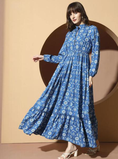 Otabu Floral Print Applique A-line Maxi Dress
