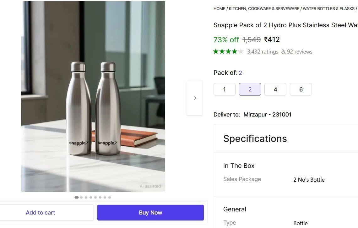 Pack Of 2 Hydro Plus Stainless Steel Water Bo