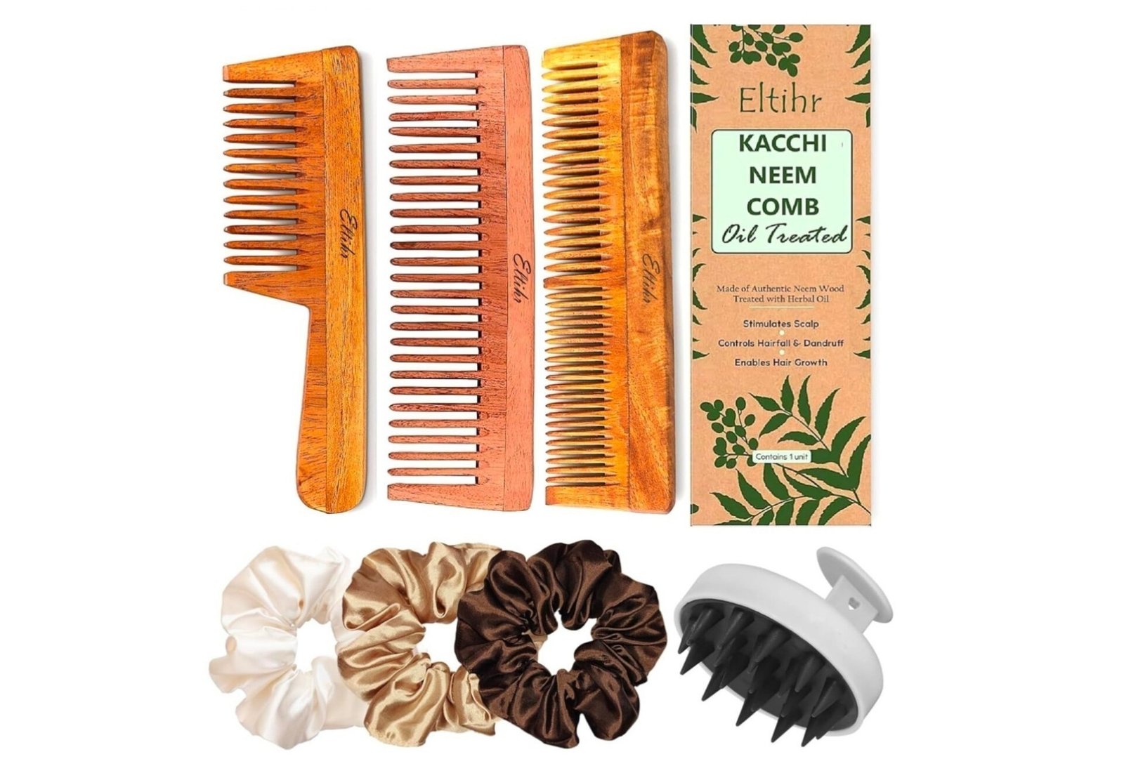 Pack Of 3 Neem Wood Comb 3 Scrunchies Massage