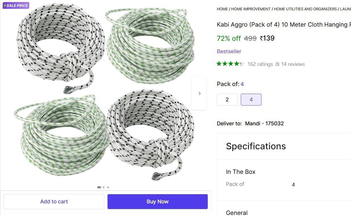 (pack Of 4) 10 Meter Cloth Hanging Rope 139