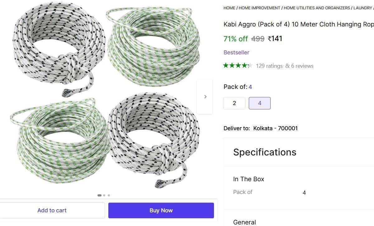 (pack Of 4) 10 Meter Cloth Hanging Rope 141