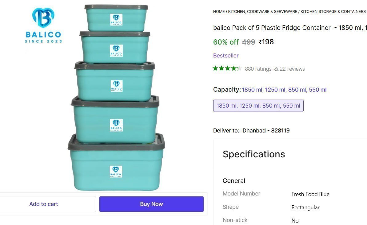 Pack Of 5 Plastic Fridge Container 198