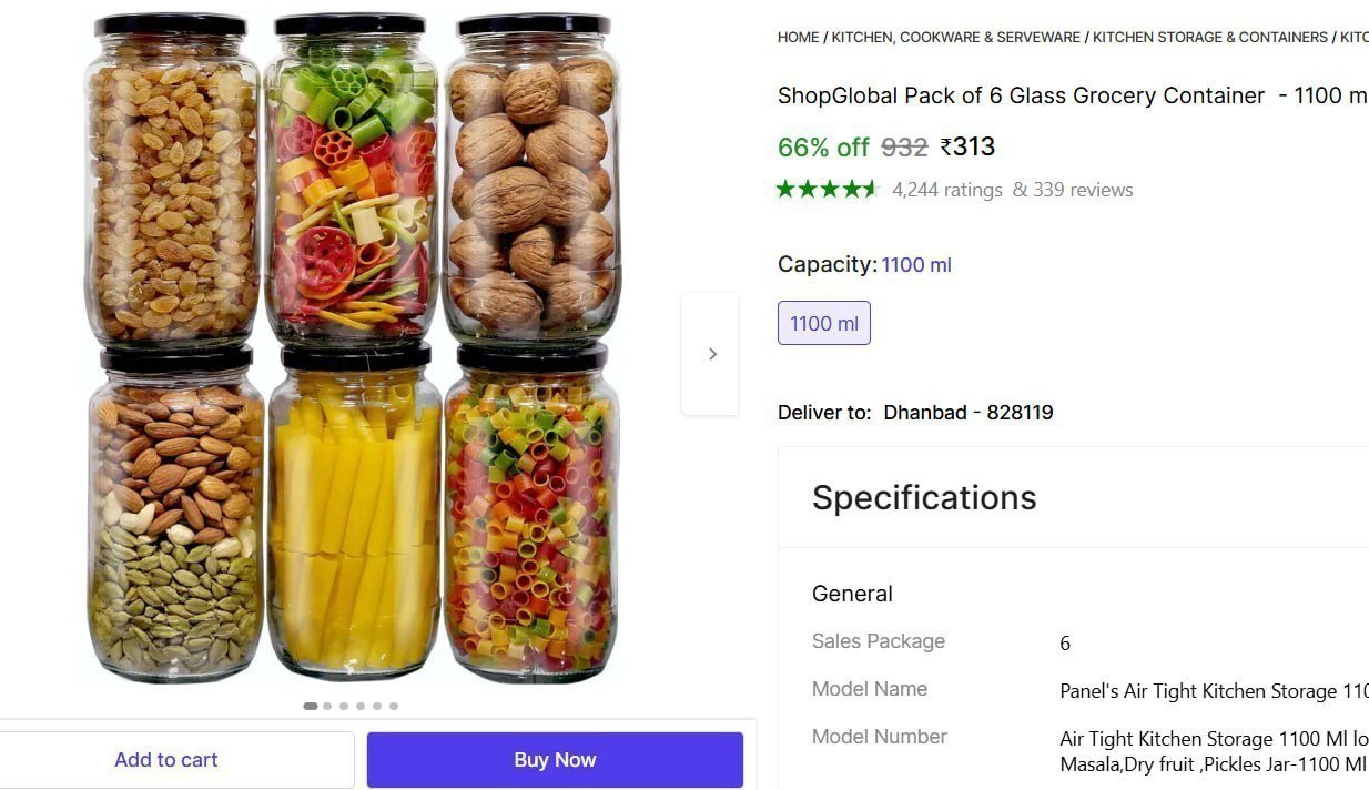 Pack Of 6 Glass Grocery Container 313