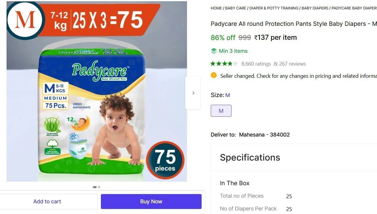 Padycare Baby Diapers - M (25 Pieces) 137 Min