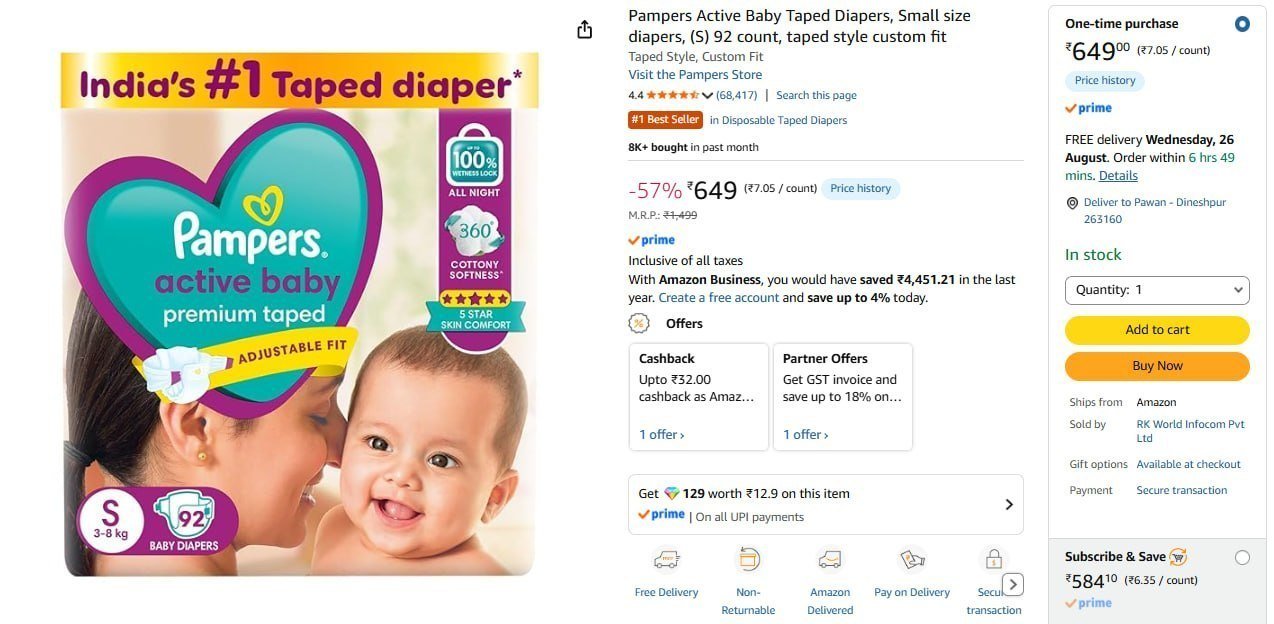 Pampers Active Baby Taped Diapers (s) 92 Coun