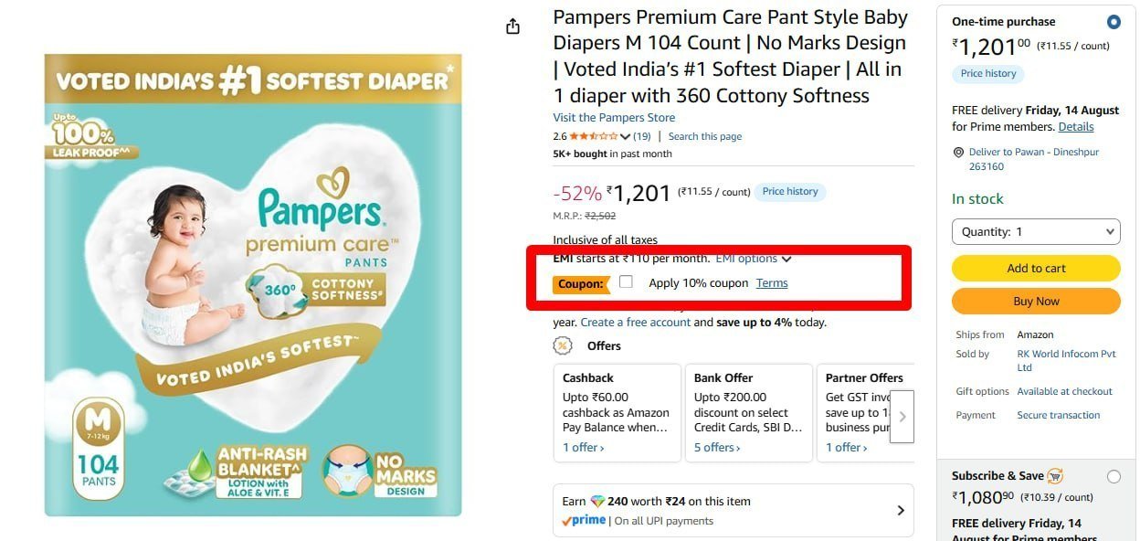 Pampers Baby Diapers (m 104 Count) 1081 10