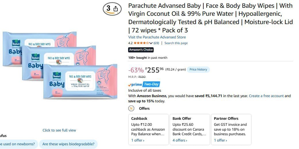 Parachute Baby Wipes Pack Of 3 255