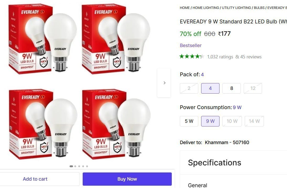 Pcs Eveready 9 W Led Bulb 177
