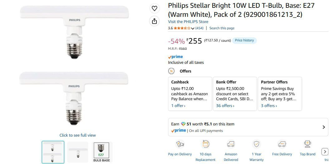 Philips 10w Led T-bulb (pack Of 2) 255