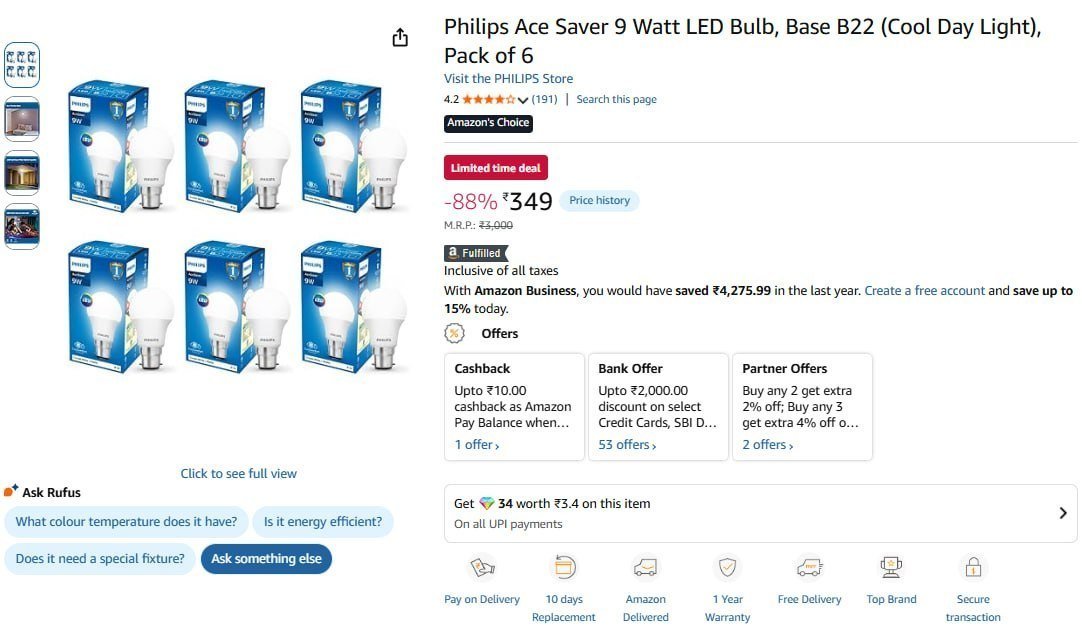 Philips Ace Saver 9 Watt Led Bulb Base (pack Of 6)