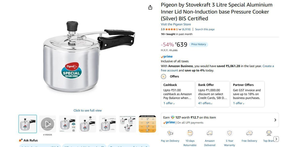 Pigeon 3 Ltr Pressure Cooker 639