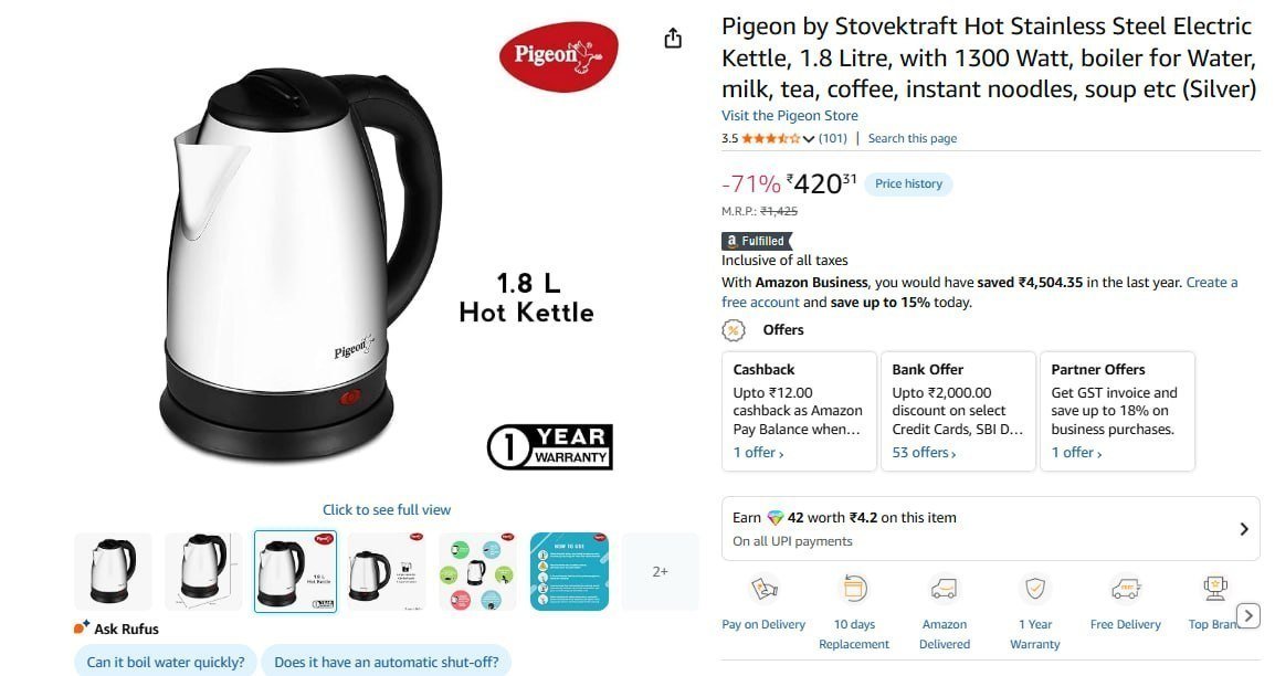 Pigeon Electric Kettle 1 8 Litre 420