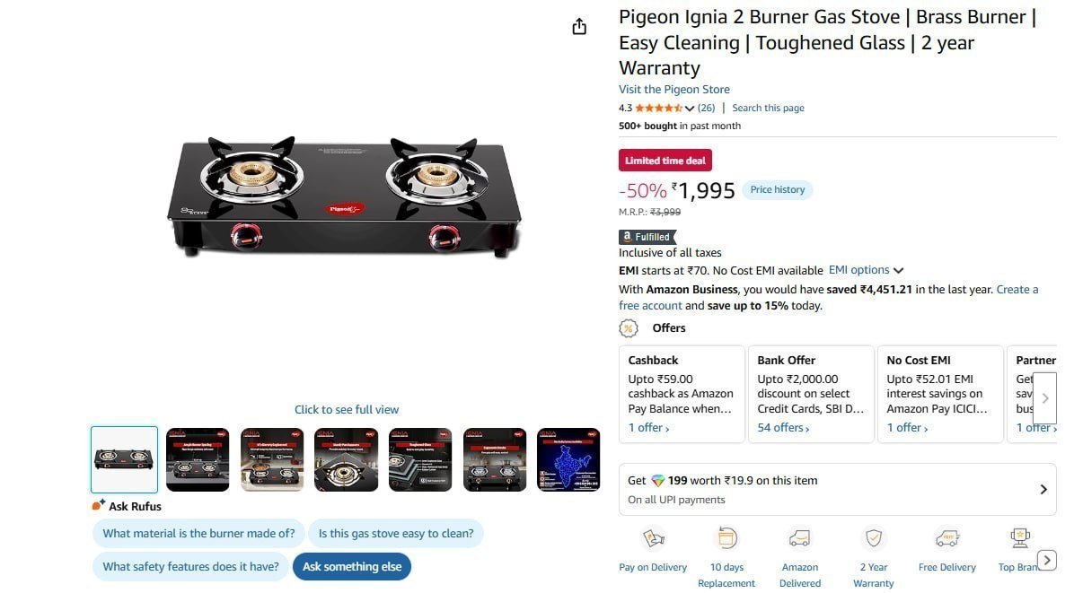 Pigeon Ignia 2 Burner Gas Stove 1995