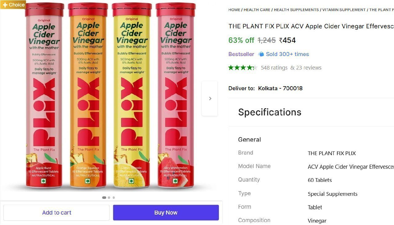 Plix Acv Apple Cider Vinegar Effervescent Tablets 