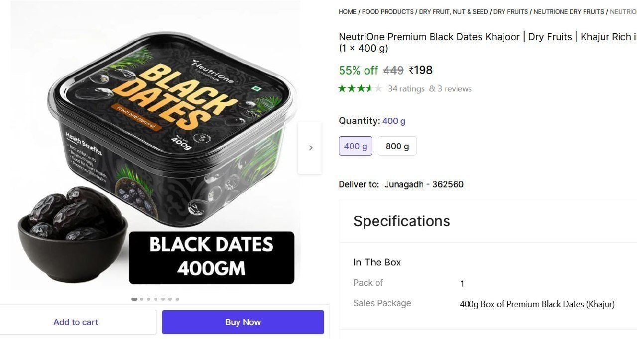 Premium Black Dates Khajoor (1 X 400 G) 198