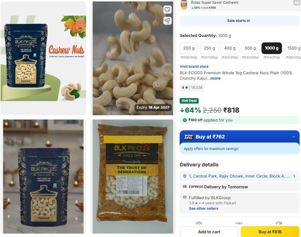 Premium Cashew Nuts 1kg 818 Buy Max Qnty