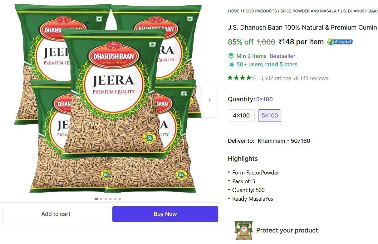 Premium Cumin Seeds (jeera) 500g 148 Min Buy 