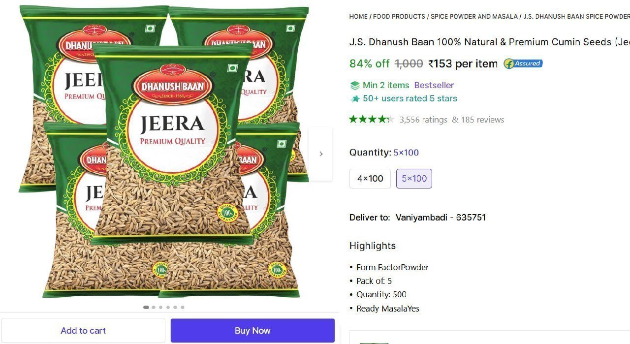 Premium Cumin Seeds (jeera) 500g 153 Min Buy - 2