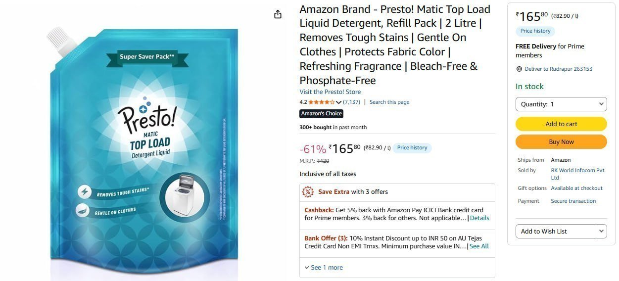 Presto Liquid Detergent 2 Ltr 165 Buy Max Qty