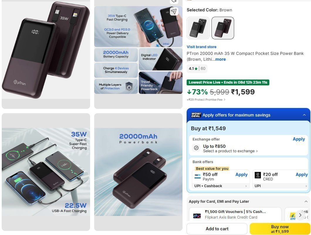 Ptron 20000 Mah 35 W Compact Pocket Size Powe