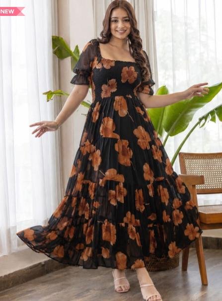 Ptvize Floral Print Puff Sleeve A-line Maxi Dress 