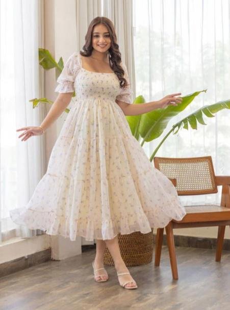 Ptvize Floral Printed Tiered Puff Sleeve Geor