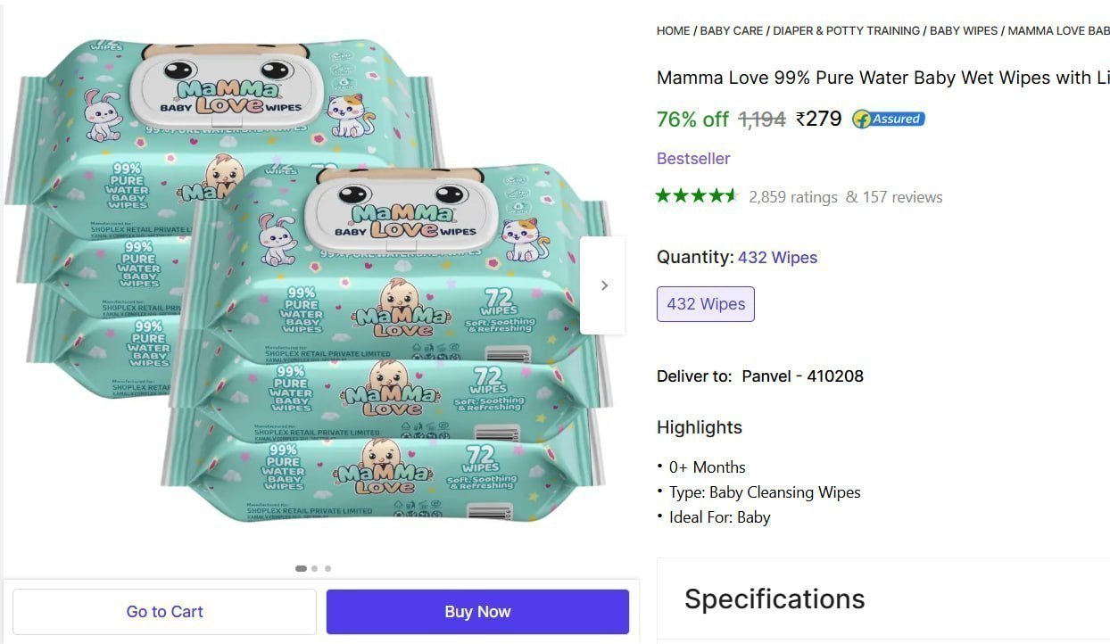Pure Water Baby Wet Wipes (432 Wipes) 279