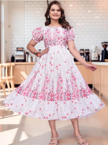 Qena Floral Print Puff Sleeve A-line Rayon Mi