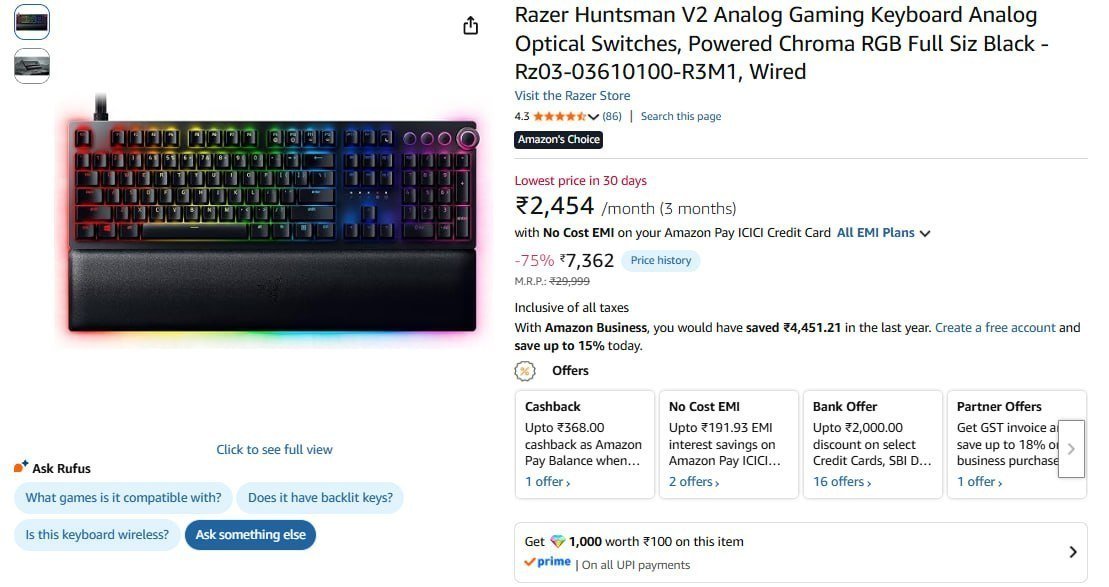 Razer Huntsman V2 Analog Gaming Keyboard 7362