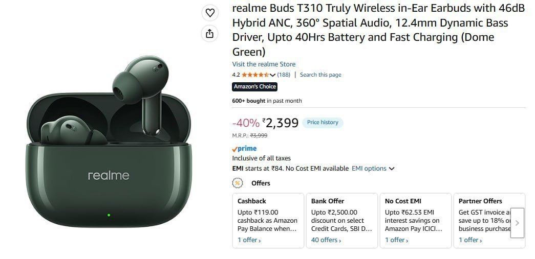 Realme Buds T310 Truly Wireless In-ear Earbud