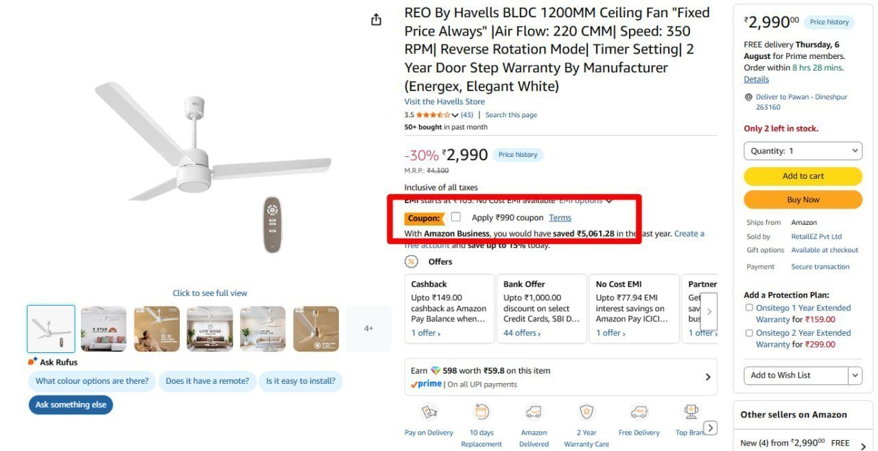 Reo By Havells Bldc 1200mm Ceiling Fan 990