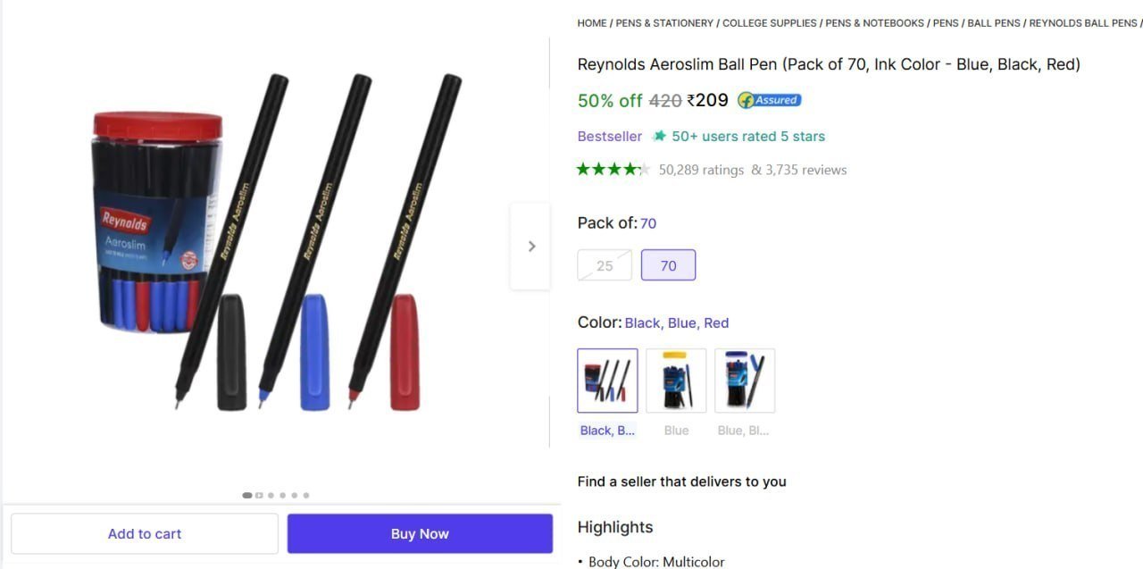 Reynolds Ball Pen (70pcs) 209colour Blue Blac