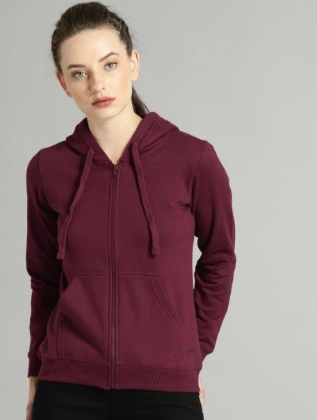 Roadster Women Burgundy Solid Hooded Sweatshirt 47