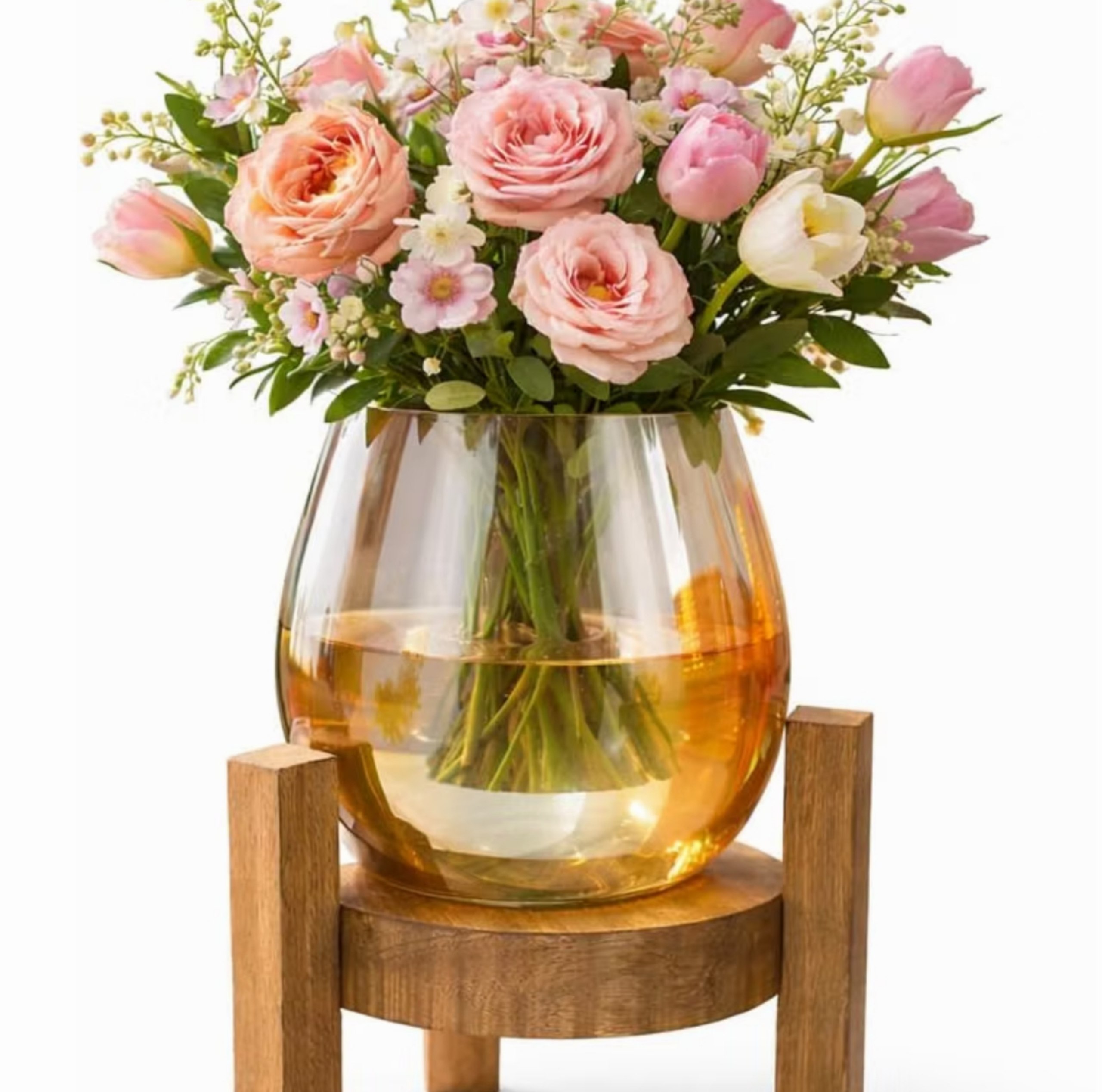 Round Glass Flower Vase With Wooden Stand At 373