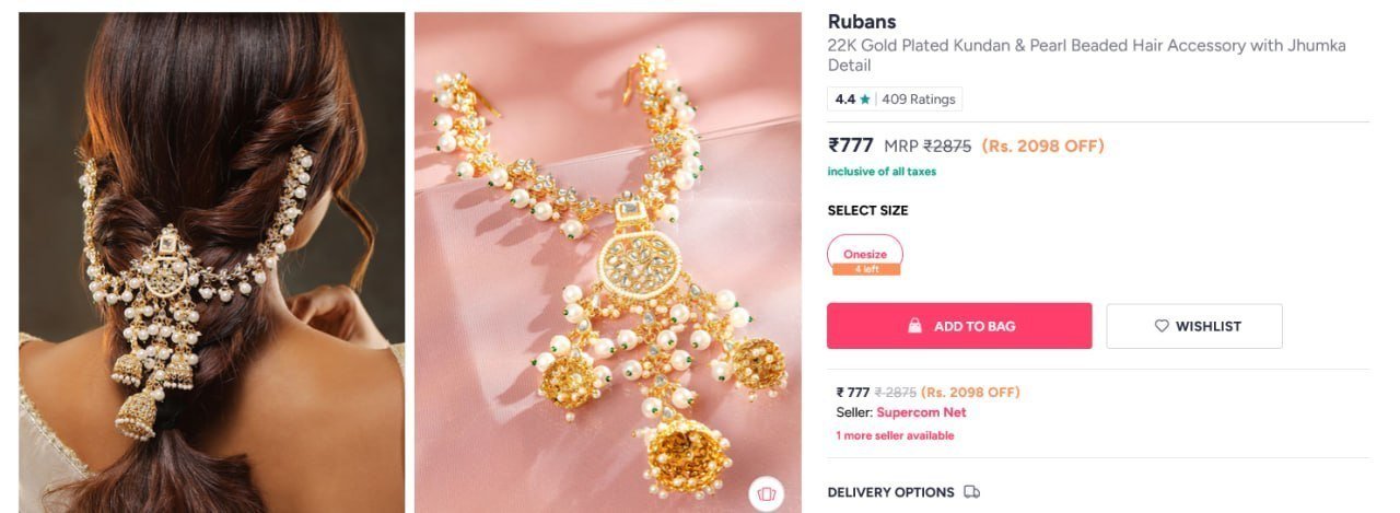 Rubans 22k Gold Plated Kundan Pearl Beaded Hair Accessory With Jhumka Detail