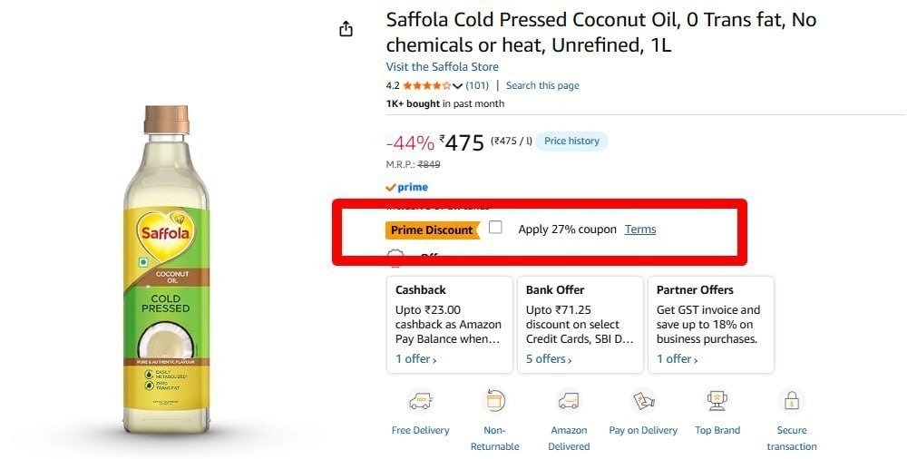Saffola Cold Pressed Coconut Oil 1l 347 27