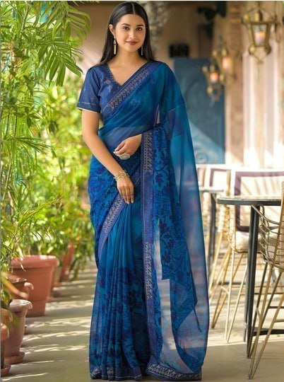 Sanisa Floral Embroidered Poly Georgette Sare