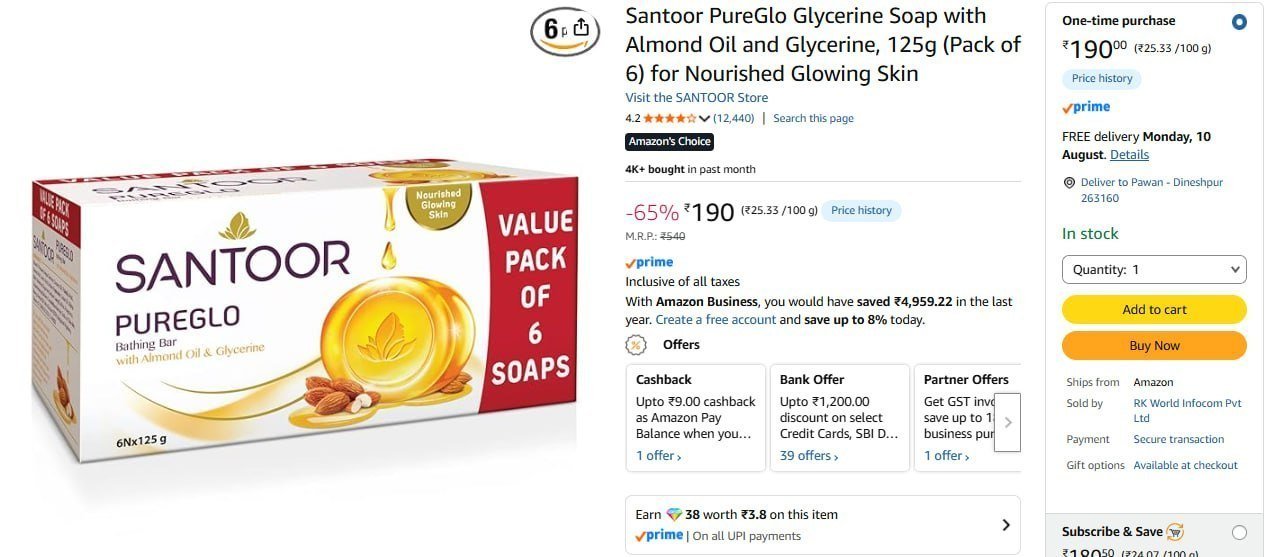 Santoor Pureglo Glycerine Soap (125g X 6) 190