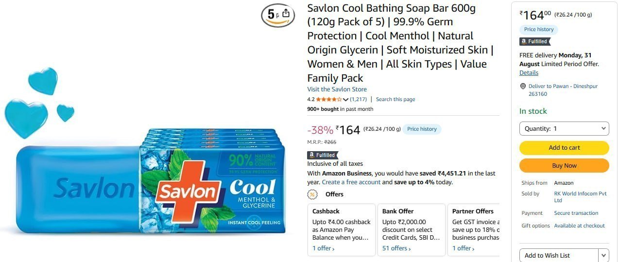 Savlon Cool Bathing Soap Bar 600g (120g Pack Of 5)